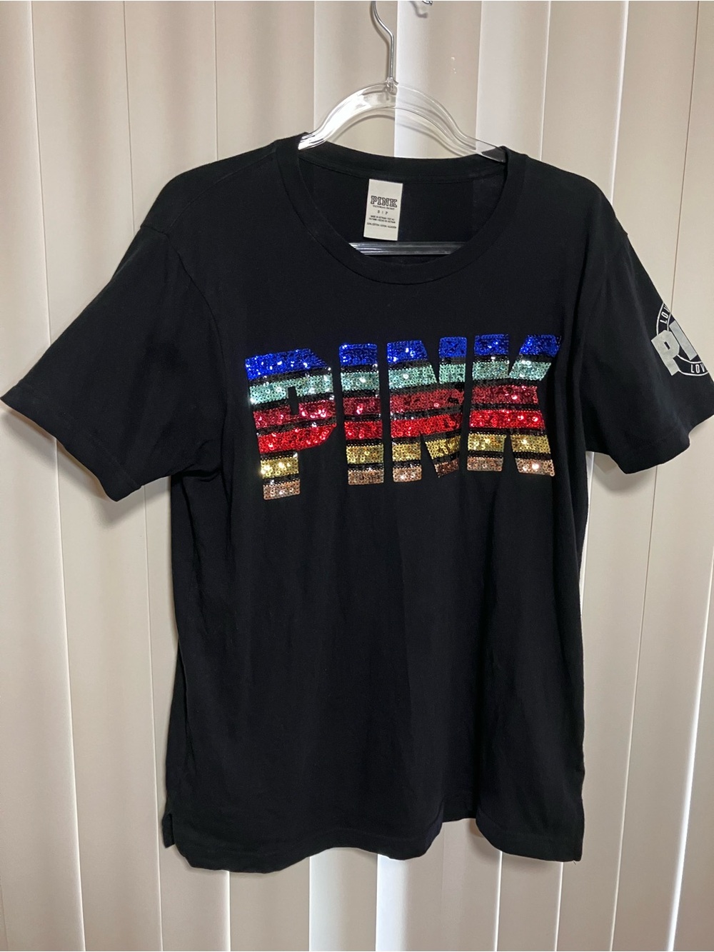 PINK Victoria's Secret Black Tee with Multicolor Sequin STRIPED Logo